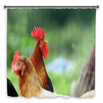 Singing Rooster Over Green Background Shower Curtain