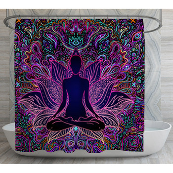 Sitting Buddha Over Colorful Neon Shower Curtain