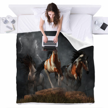 Three Wild Mustangs Gallop Through The  Fleece Bed Cover