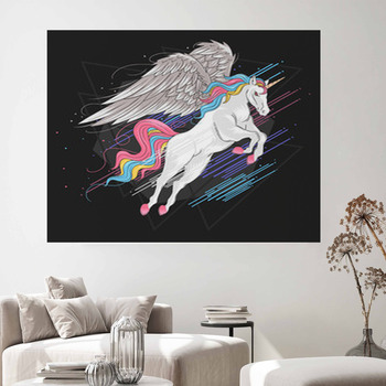 Cartoon Girls Canvas Wall Art with Unicorn Drawing Pastel Color