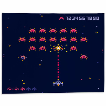 Vector illustration of old pixel art style Ufo space war game. Pixel  monsters and spaceship. Retro game, 8 bit game concept, trendy 90s style.  Stock Vector