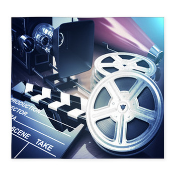 Video, movie, cinema vintage concept. Retro camera, reels and