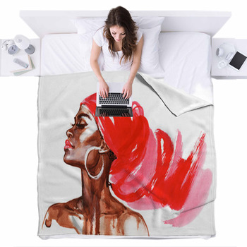 Watercolor Beauty African Woman Fleece Bed Cover