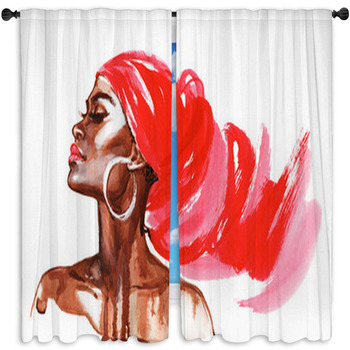 Watercolor Beauty African Woman Painting Window Curtain