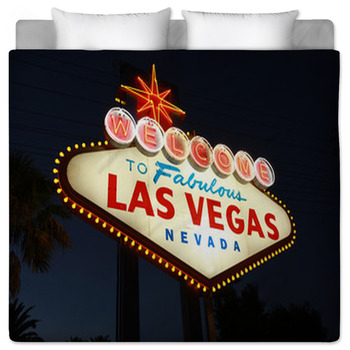 Las Vegas Duvet Cover Set King size, Welcome Sign to Nevada with Retro Car and Roulette Table on Palm Tree Silhouettes, Decorative 3 Piece Bedding Set