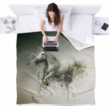 White Horse Animal Concept Fleece Bed Cover