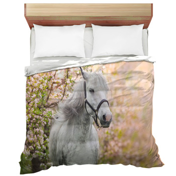 White Horse Portrait In Spring Pink Blossom Comforter