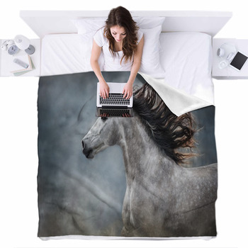 White Horse Portrait With Long Mane On  Fleece Bed Cover