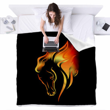 Wild Mustang Horse And Burning Flames Fleece Bed Cover