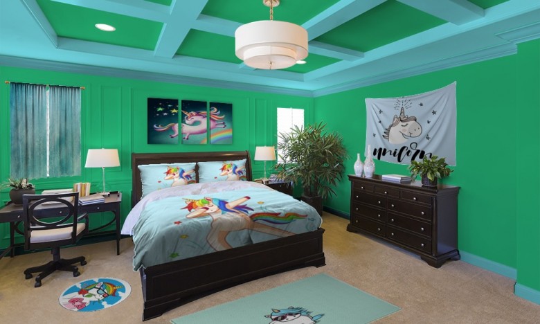 Blue Green Funny Unicorn Themed Bedroom Decor