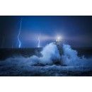 Lighthouse At Night In The Middle Of A Storm Night Stormy Whether On The Lighthouse Hit By Violent Waves And Lightning In Background Throw Pillow